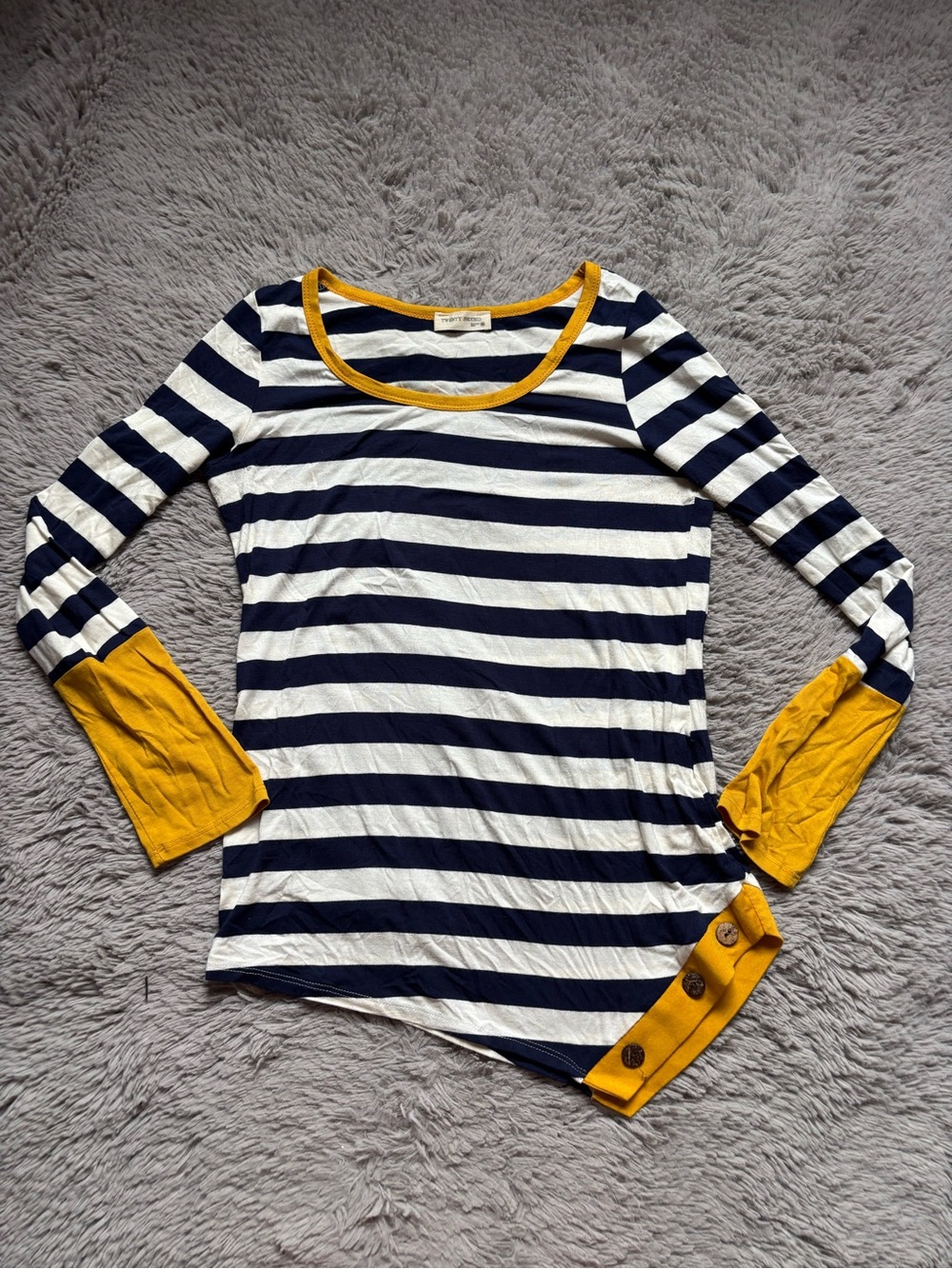 twenty second Navy & White Striped Long-Sleeve Top with Mustard Trim